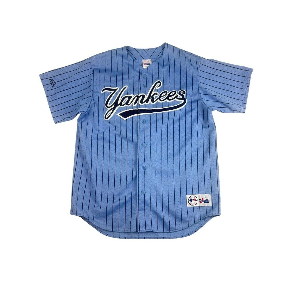 Majestic New York Yankees Pinstripe Baseball Jersey Blue L USA Vintage 90s